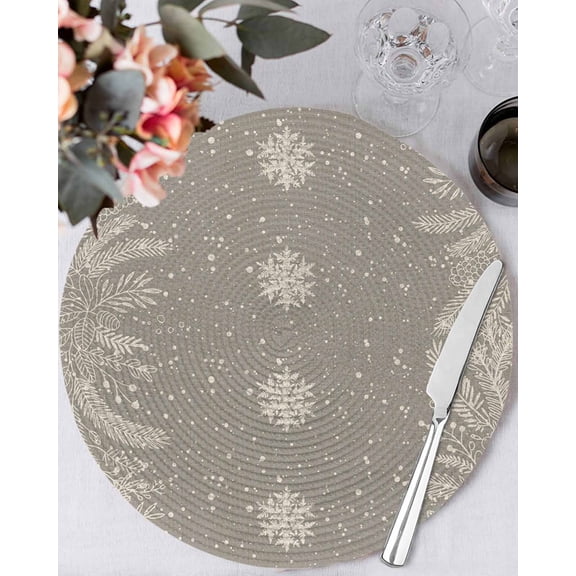 13 Inch Round Placemats Set of 4, Christmas Snowflakes Non Slip Heat Insulation PP Table Mats, Winter Xmas Pine Leaf Grey on Linen Washable Place Mats for Kitchen Dining Party Table Decor
