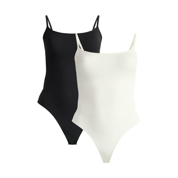 Joyspun Women's Seamless Shaping Ribbed Cami Bodysuit, 2-Pack, Sizes XS-3XL