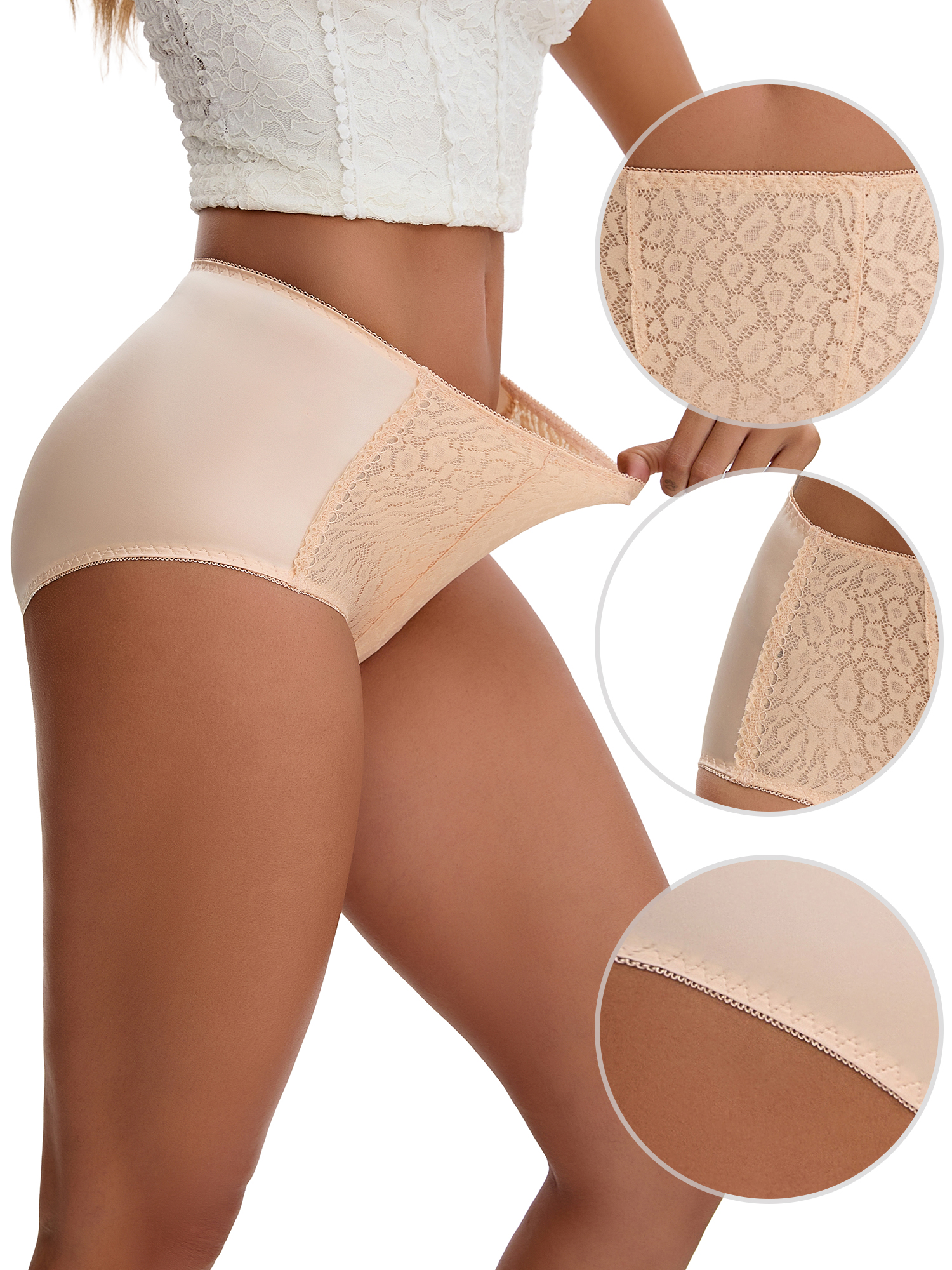 Unique Bargains Women's Floral Lace Breathable Mid Rise Underpants 2XL Beige
