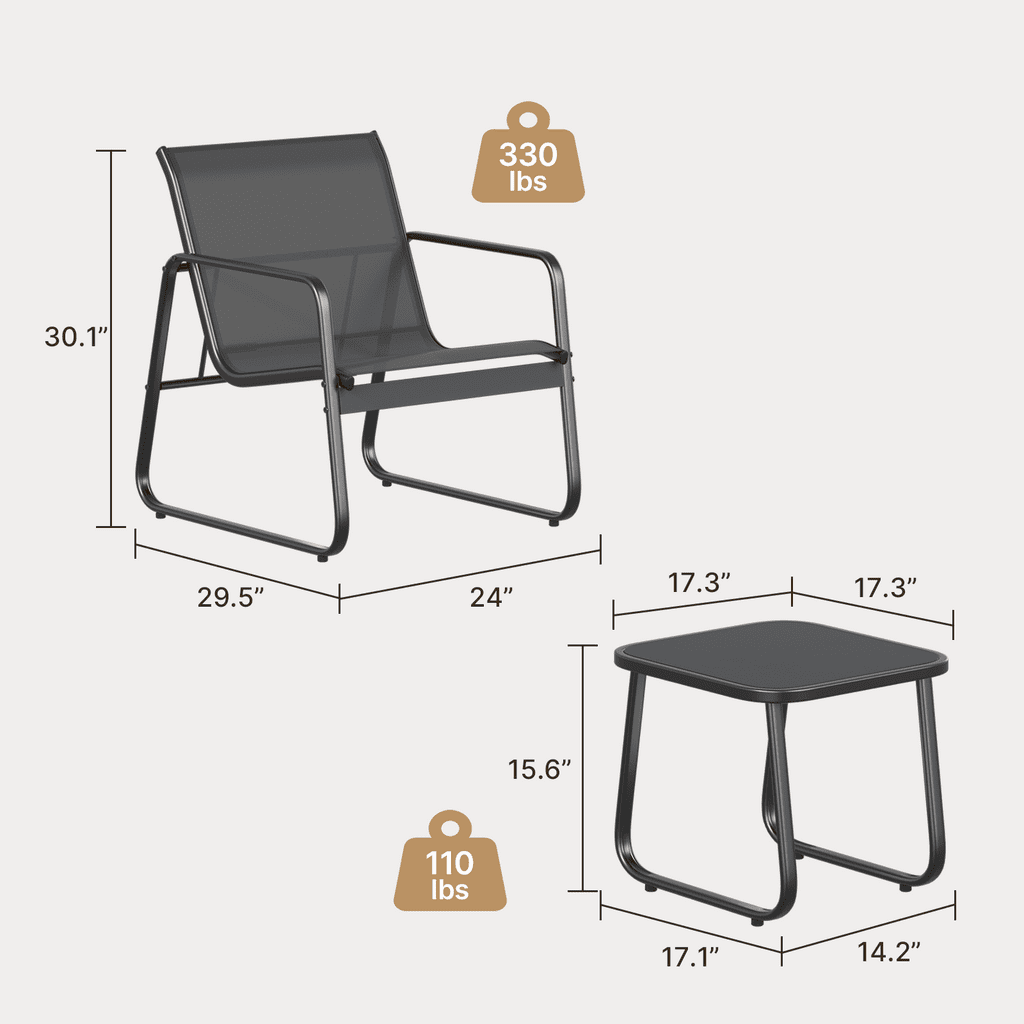 Aiho 3 Pieces Patio Furniture Set,Textilene Modern Conversation Black Set with Tea Table for Home,Lawn,Balcony and Bistro - Black