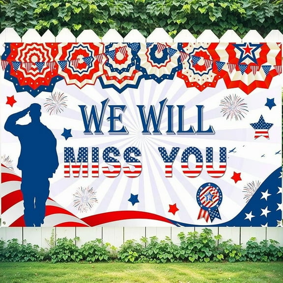 Memorial Day banner, patriotic soldiers of the army, we will miss you. Background: Army retirement, Army farewell party. Decoration: Soldier return symbol, Independence Day decoration.