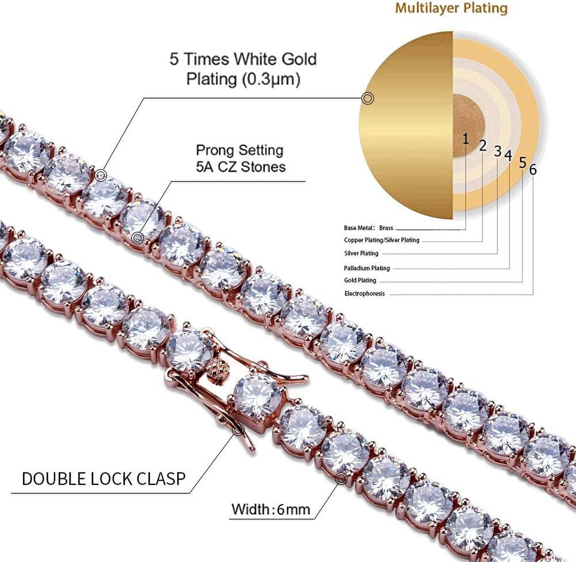 Leander 6MM Tennis Chain Necklace 18k Gold Plated 1 Row Lab Simulated Diamond Iced Out Cubic Zirconia Chain Men's Hip hop Tennis Choker Necklace Chain for Men Women