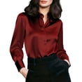 thumbnail image 2 of ClodeEU Women's Satin V Neck Long Sleeve Button Down Blouse,Casual Loose Fit Office Shirt Top Wine,Women's Plus XL, 2 of 5