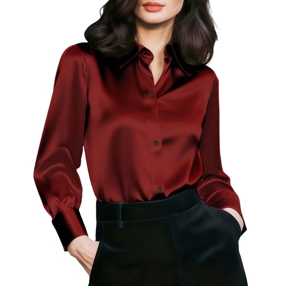 Puntoco Women's Satin Silk Button Down Blouse, Loose Fit Collared Long Sleeve Shirt, Elegant Solid Color Dressy Casual Work Top Wine XL