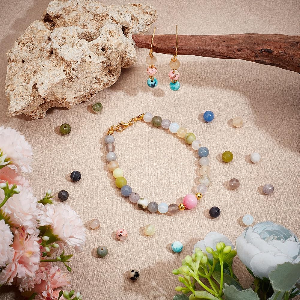 About 750 Pcs Mixed Gemstone Beads Kit 15 Styles Round Natural Synthetic Stone Beads Crackle Beads Clear Beads Undyed Loose Spacer Beads for Bracelets Necklace Jewelry Making 6mm