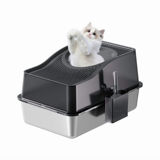 Stainless Steel Litter Box with Lid, Enclosed Litter Box with Cat Litter Mat and Scoop Extra Large High Sided Cat Litter Trays Easy Clean Detachable