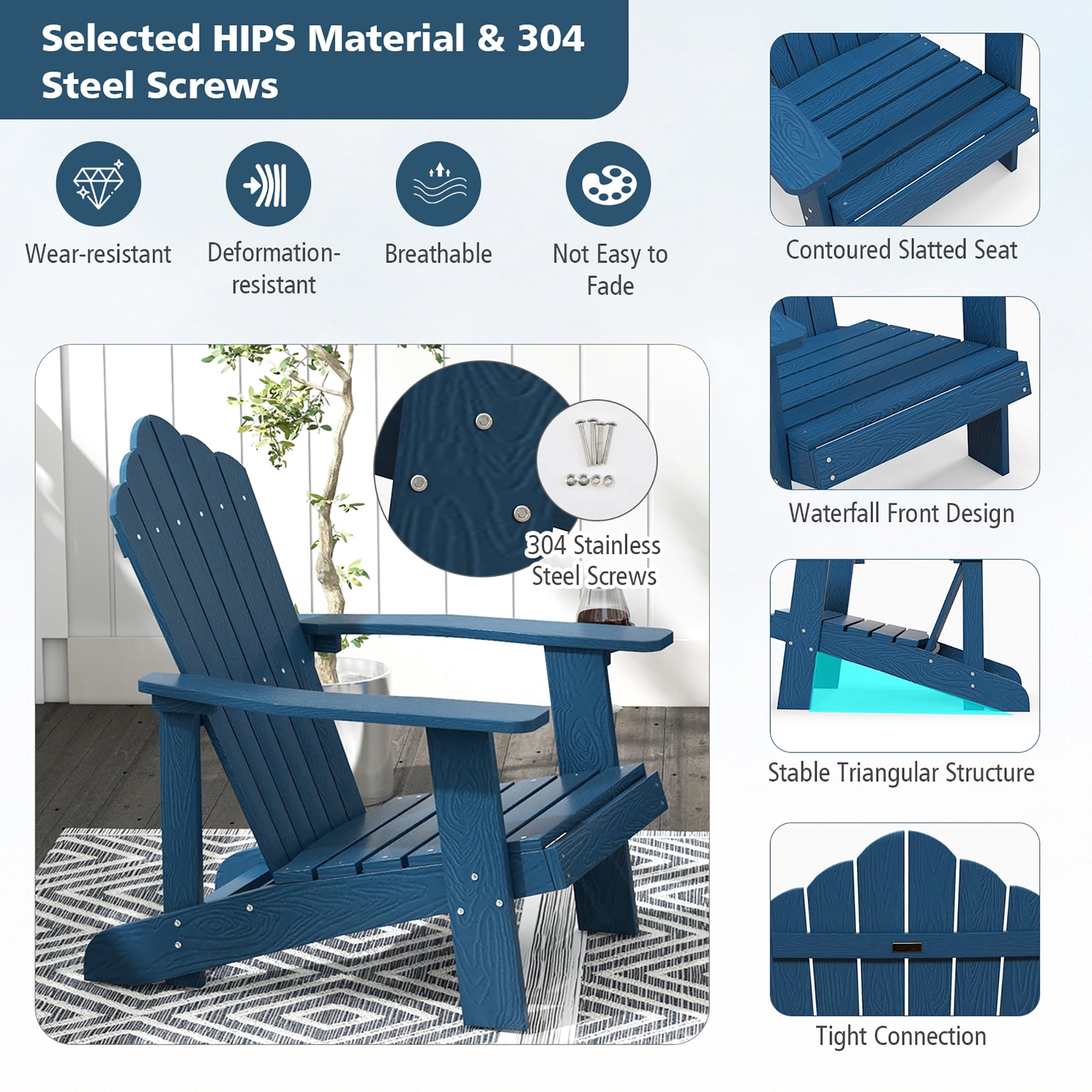 Gymax Patio HIPS Outdoor Weather Resistant Slatted Chair Adirondack Chair w/ Cup Holder Navy