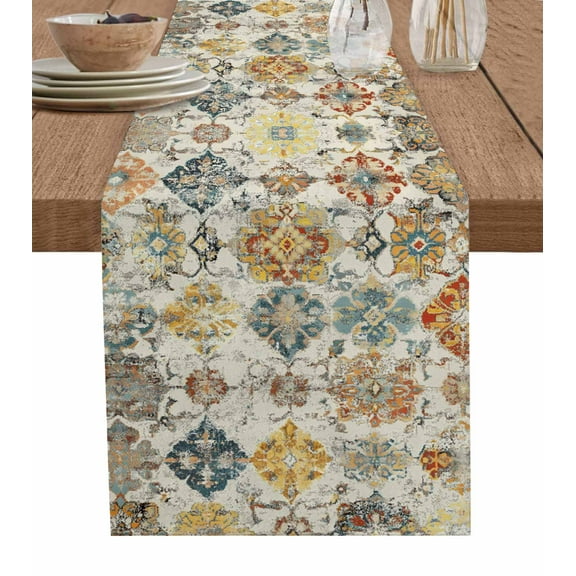 Farmhouse Morocco Table Runner Cotton Linen 60 Inch Holiday Dresser Scarves, Boho Abstract Shabby Texture Art Tablerunner for Kitchen Coffee Dining Bedroom Living Room Dinner Scarf Décor 13''x60''