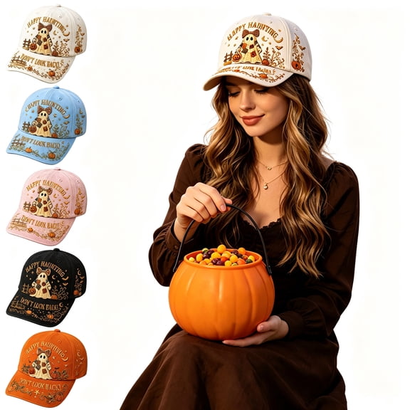 Clearance Hotyverty Halloween Ghost Baseball Cap, Happy Haunting Patchwork Ghost Pumpkin Commemorative Vintage Baseball Cap Adjustable Cotton Dad Hat Halloween Gift for Women Men, White