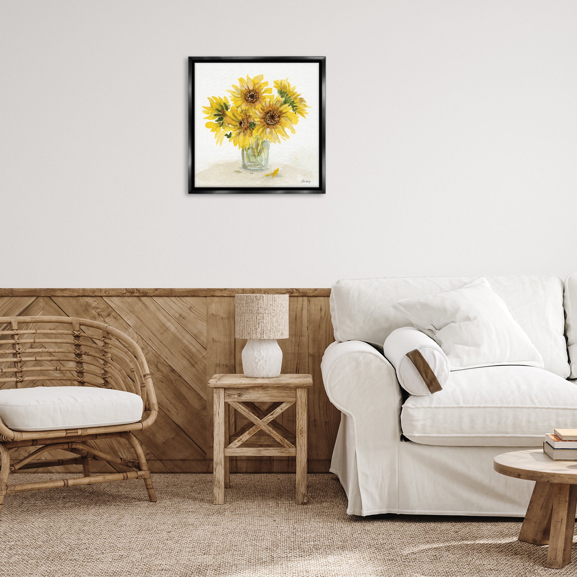 Stupell Industries Sunflower Jar Watercolor Plants & Flowers Painting Black Floater Framed Canvas Art Print Wall Art, 25 x 25