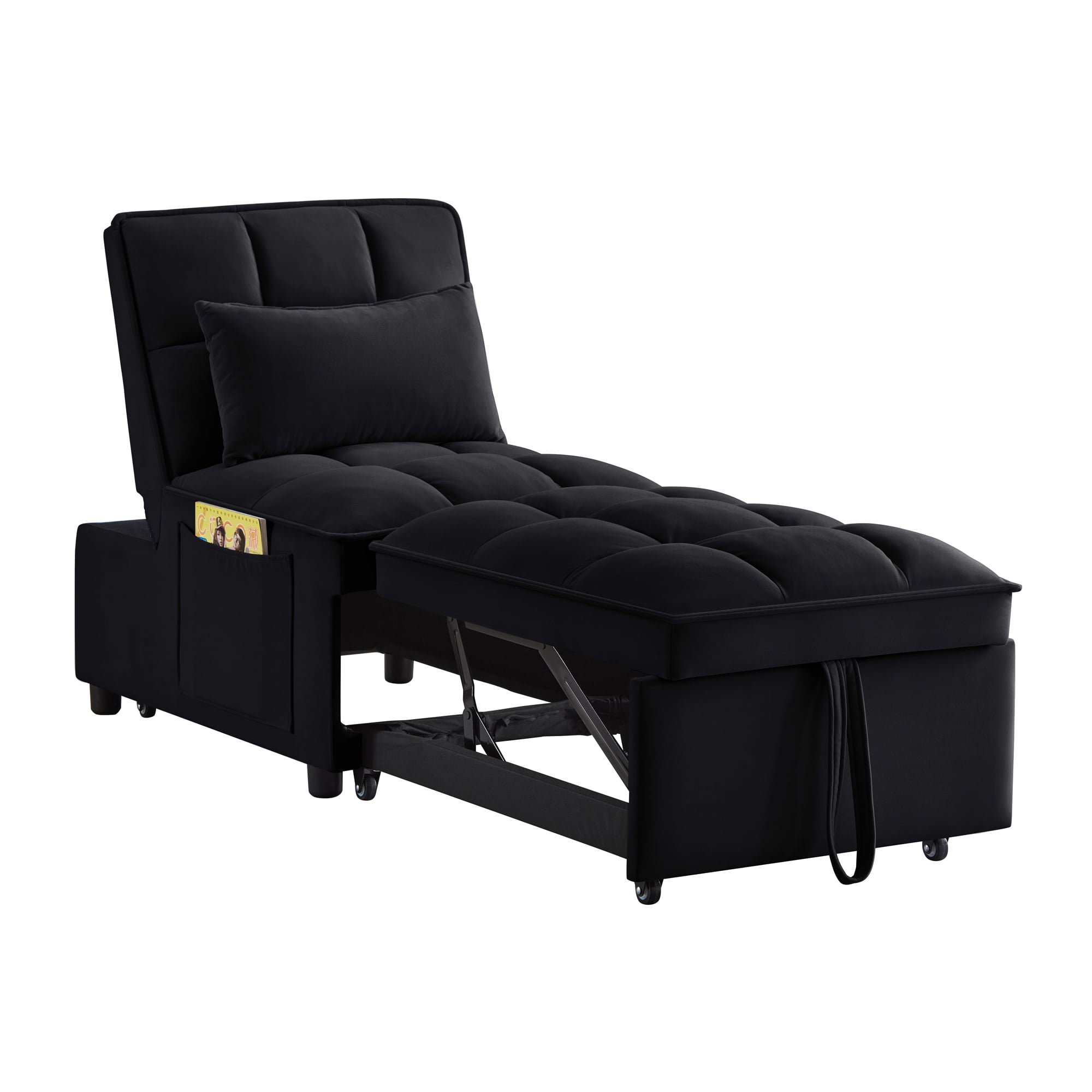 Miniyam 4 in 1 Tufted Single Sofa Bed with Storage Pockets, Convertible Chaise Lounge, Black