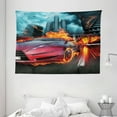 thumbnail image 1 of Cars Tapestry, Hot Red Concept Car in Flames Blazing Tires Building and Birds Speeding Fast, Wall Hanging for Bedroom Living Room Dorm Decor, 80W X 60L Inches, Red Orange Blue, by Ambesonne, 1 of 2