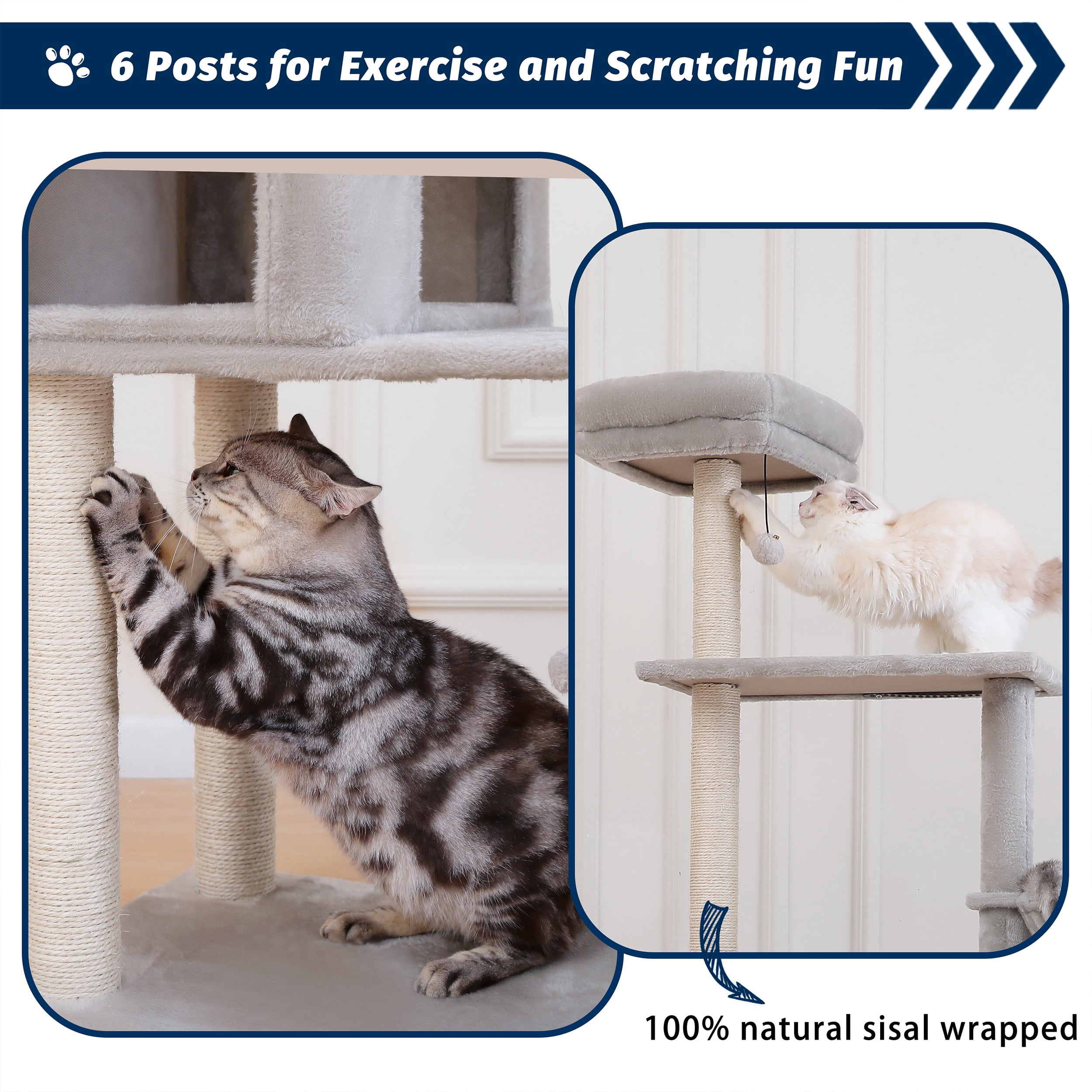 Vibrant Life 64” Multiple Level Cat Tree Tower with Condo and Hammock, Light Gray