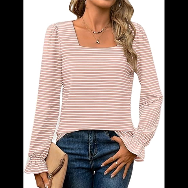 Blusas Tipo Túnica de Larga Abullonada con Cuello Cuadrado para Mujer, Estilo Casual y Moderno para Otoño Rosa XL