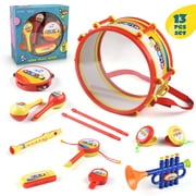 Toddler Music Toys, Percussion Educational Musical Toy for Boys and Girls,Drum Set, Percussion,Tambourine, Trumpet, Maraca, Harmonica, Flute