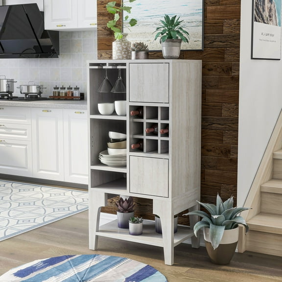 Furniture of America Morg 24"Width Wood 9-Bottle Wine Cabinet with Doors, White Oak