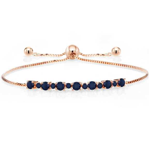 Gem Stone King 1.37 Ct Round Blue Sapphire 18K Rose Gold Plated Silver Adjustable Tennis Bracelet for Women up to 9 inch