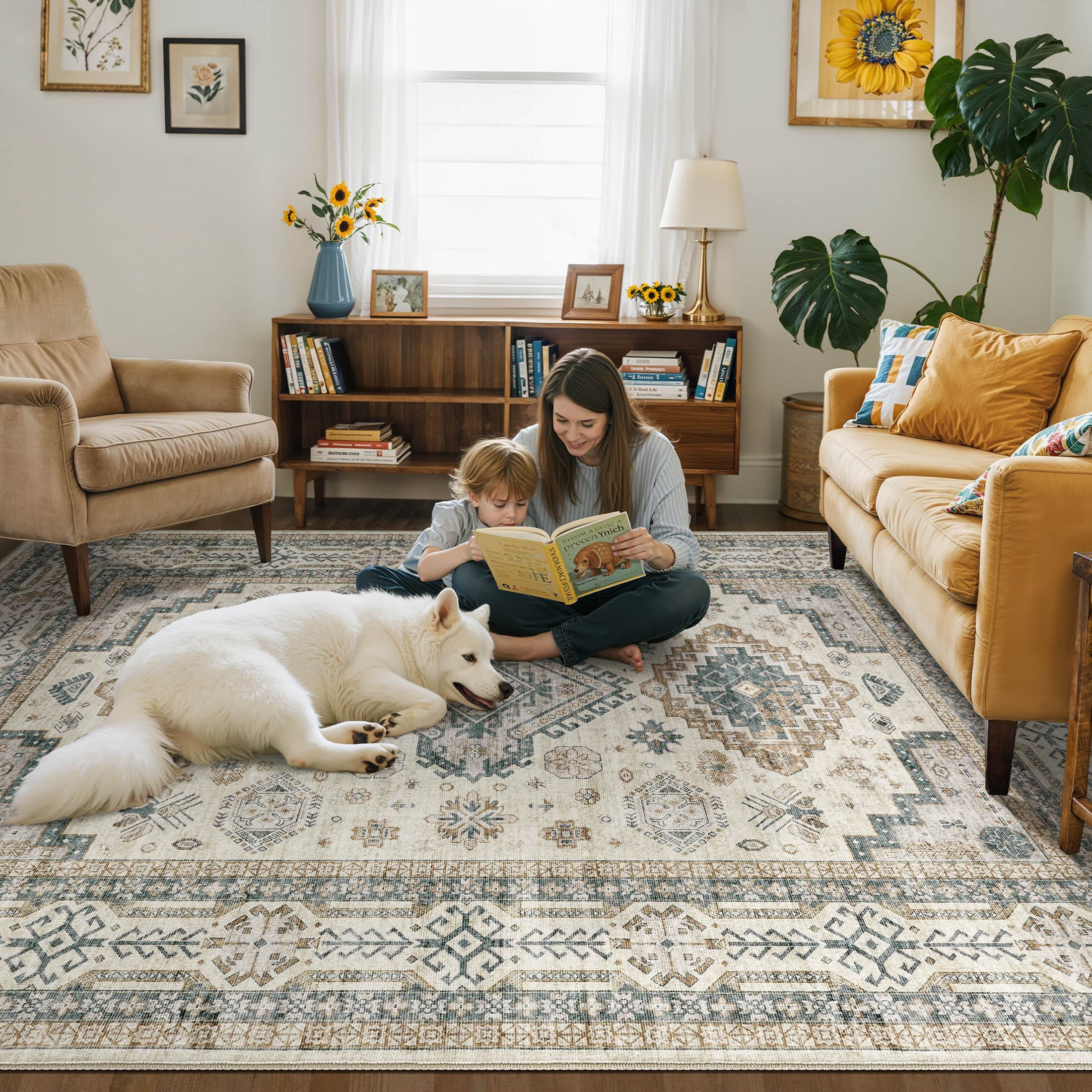 UERMEI 9'x12' Washable Area Rugs for Living Room, Modern and Vintage Non Slip Carpet, Low Pile Indoor Rug for Bedroom Home Decor Carpets, Beige Green