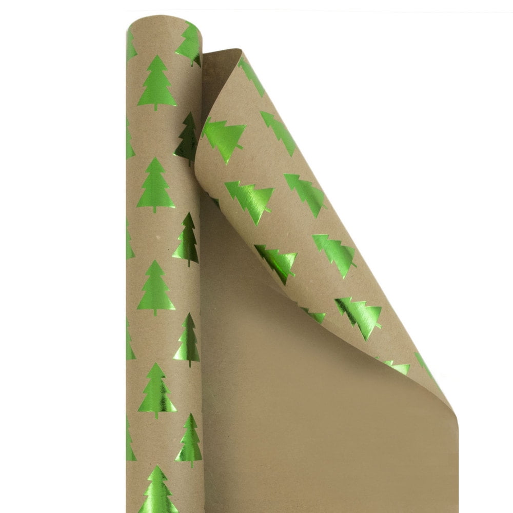 JAM Paper Christmas Wrapping Paper, 25 Sq ft, 1/Pack, Kraft Green Trees Gift Wrap