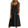 thumbnail image 3 of VBVC Women's Cotton Linen Sleeveless Midi Dress , Summer V-Neck Dresses For Women , Ladies' Button Detail Loose Dress with Pockets,Black,S-2XL, 3 of 9