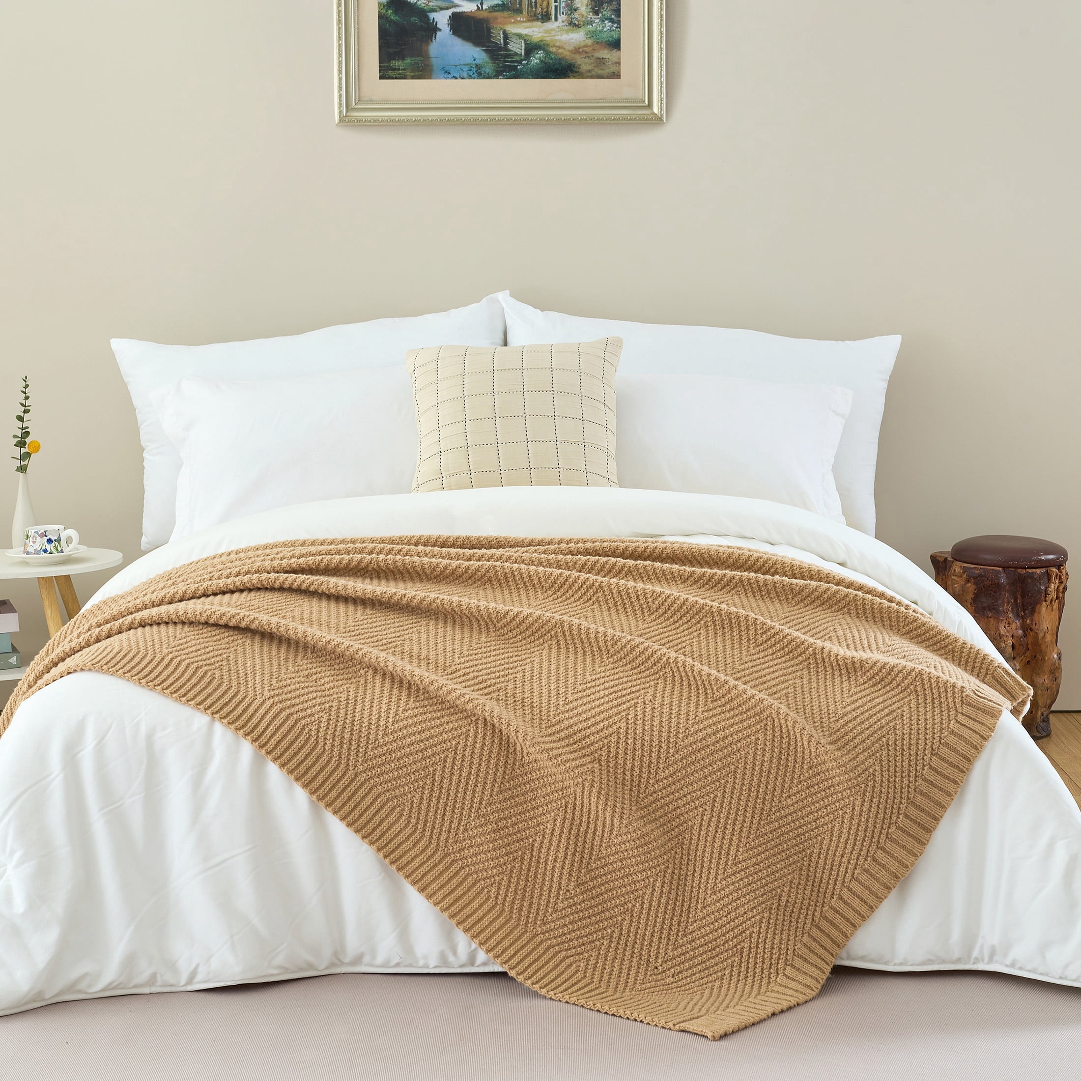LONG CREATE Soft Knitted Throw Blanket 60" x 80" Tan Brown, Boho Chevron Farmhouse Throw for Bed Couch