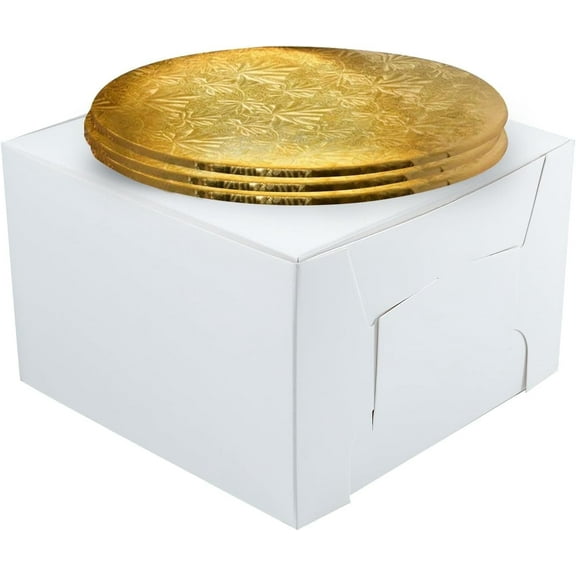 10" Combo Box Set - 10x10x5 1/2 White Cake Box with 10" Gold Round Drum 1/4", Pack of 3