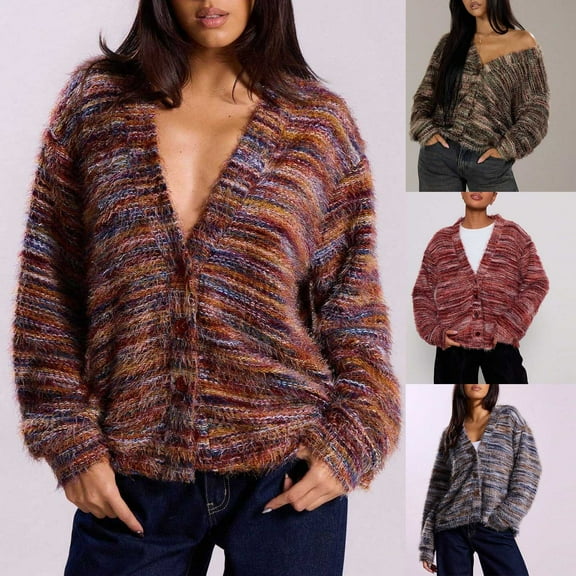 Karight Women's Oversized Striped Cardigan Sweaters Button Down Long Sleeve Drop Shoulder Knit Outerwear Coat