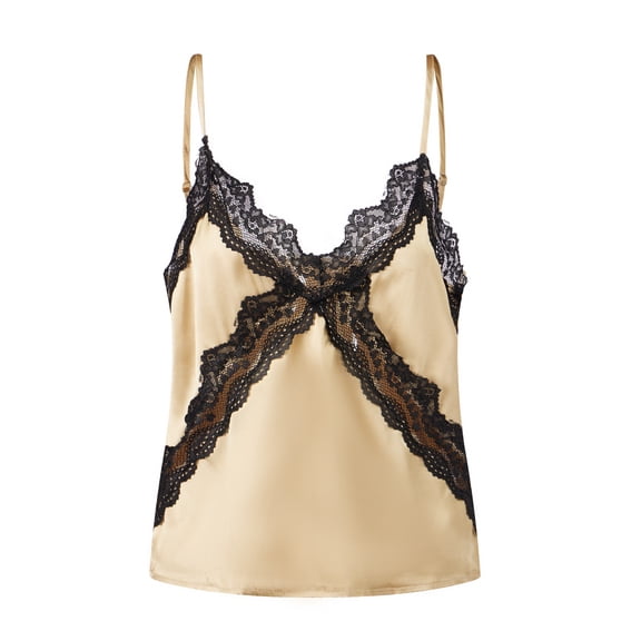 LMLYSoH Women's Satin Cami Tops Sleeveless Spaghetti Strap Lace Patchwork Camisole Summer Shirt