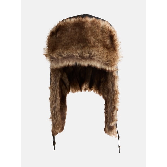 Ozark Trail Men's Faux Fur Trapper Hat, Black Soot, One Size Fits Most