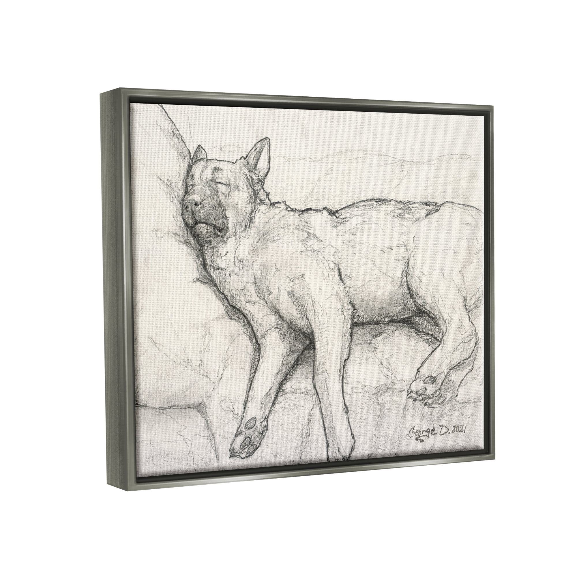 Stupell Industries Tired Dog Sleeping Intricate Graphite Pencil Sketch Drawing Print Luster Gray Floating Framed Canvas Print Wall Art, Design by George Dyachenko