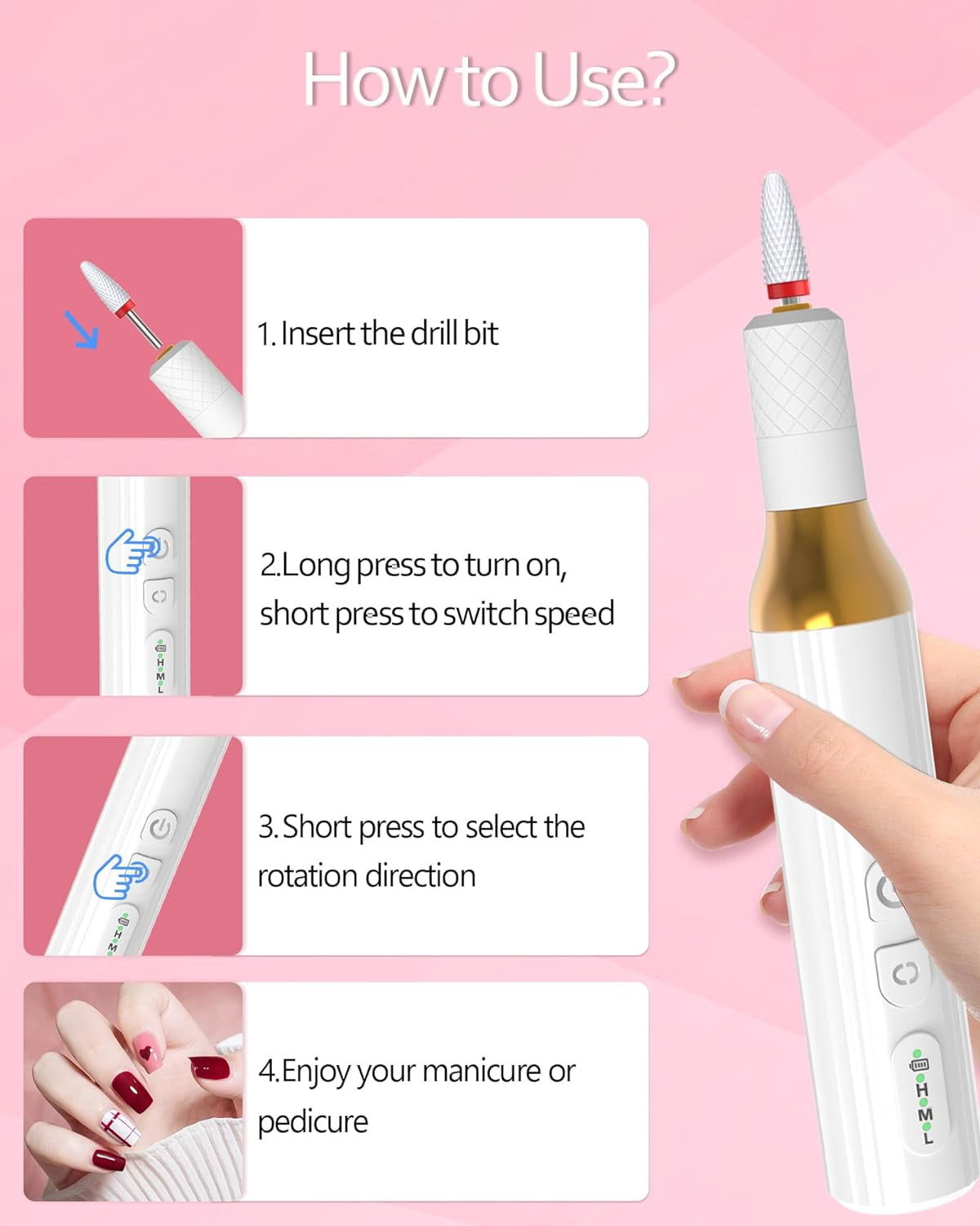 Professional Nail Drill for Acrylic Nails Gel, Protable Electric Cordless Nail Files Efile Manicure Kit Rechargeable for Acrylic Polish Women