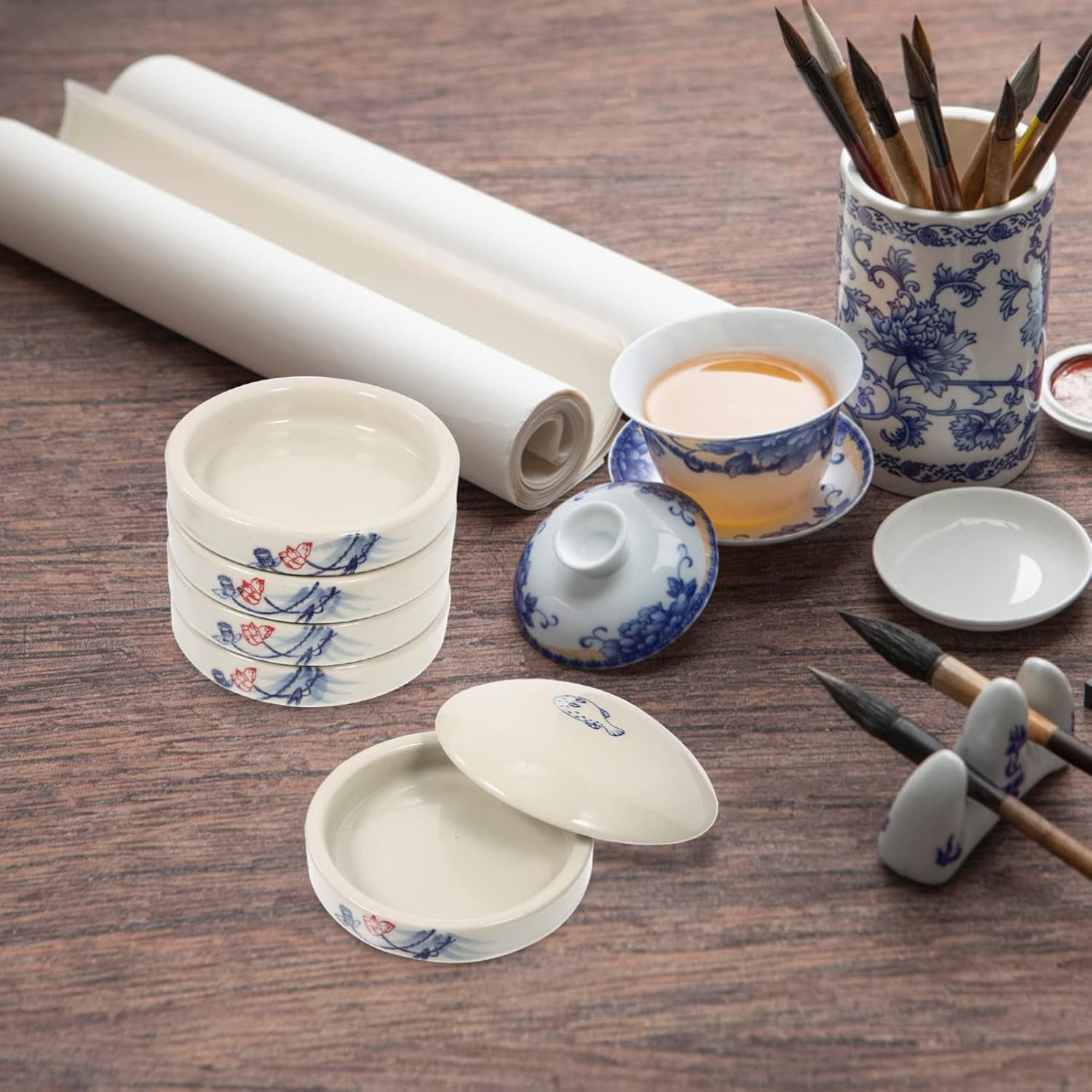 ABPETE 5 Layers, Stack-able Paint Plate, Porcelain Chinese Painting Mixing Trays, Watercolor Paint, Ink Mixing Tray, Artist Paint Coloring Tray with Lid