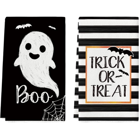 Ghost Stripes Halloween Kitchen Towels Set of 2 18x26 Inch | Boo Trick or Treat Hand & Dish Towels,Ultra Absorbent,Seasonal Farmhouse Decoration