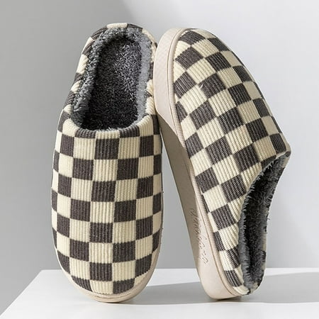 

QWZNDZGR Fashion Brand Men Winter Slippers Checkerboard Print Warm Home Shoes Cotton Slippers Couple Unisex Non-Slip Floor Indoor Slides