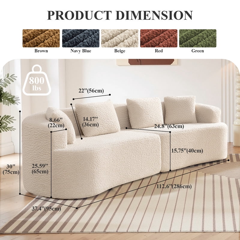 ATHOPE 112" Curved Sectional Couch with Pillows, Deep Seat Boneless Cloud Sofa for Small Space, Plush Teddy Fabric Comfy Couch for Living Room, Bedroom, No Assembly Needed, White
