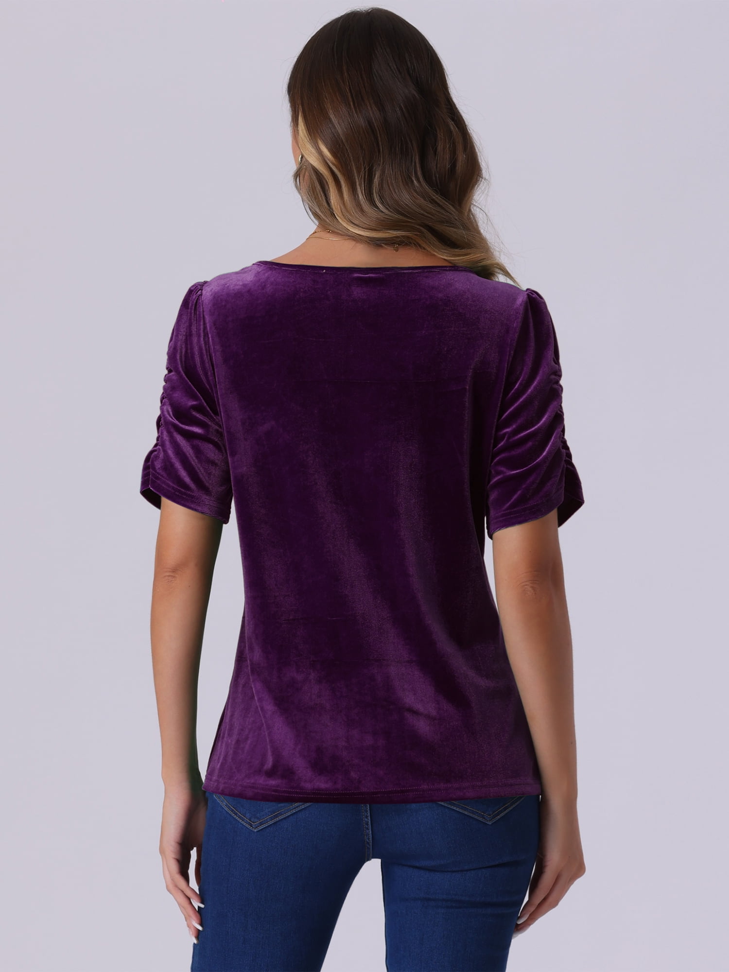 DARING DIVA Women's Round Neck Puff Short Sleeve Party Velvet Top XL Dark Purple