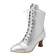 thumbnail image 5 of Pandaie Victorian Boots for Women Vintage Lace up Granny Ankle Booties Retro Renaissance Witch Dressy Mid Calf Boot Silver 9, 5 of 6