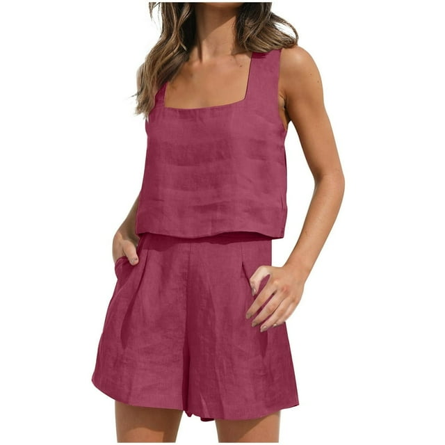 Womens 2 Piece Outfits Linen Square Neck Crop Tops Short Set 2023 Lounge Matching Sets Trendy Clothes Beach Summer