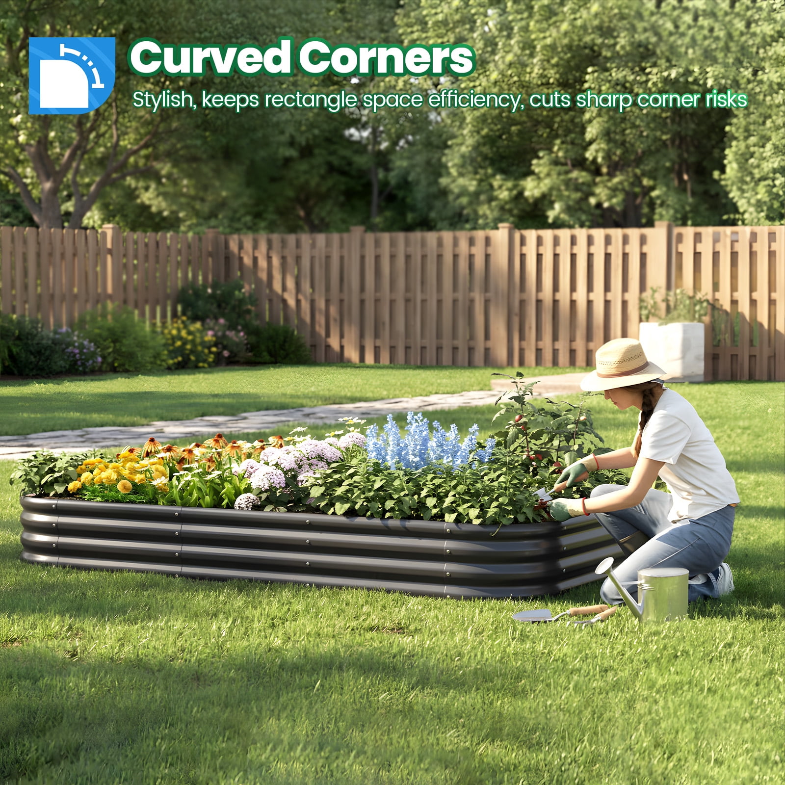 Quictent 2PCS 8x4x1ft Galvanized Raised Garden Bed Kit, Oval Large Metal Planting Box for Vegetables Outdoor Double Strengthened by Vertical Bar and Crossbar with Liner, Dark Grey