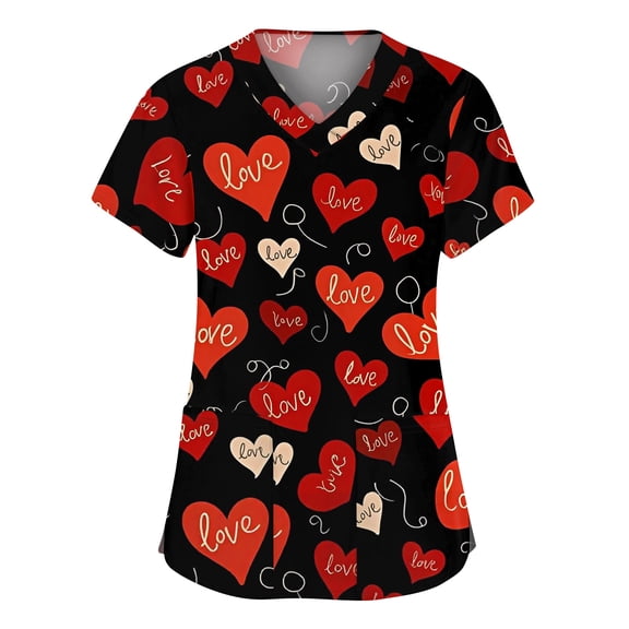 Dwralegc Women's Valentines Printed Scrub Tops Cute Lightweight Shirt Stretch Short Sleeve Love Heart Print V Neck Nursing Workwear with 2 Pockets Vermilion S