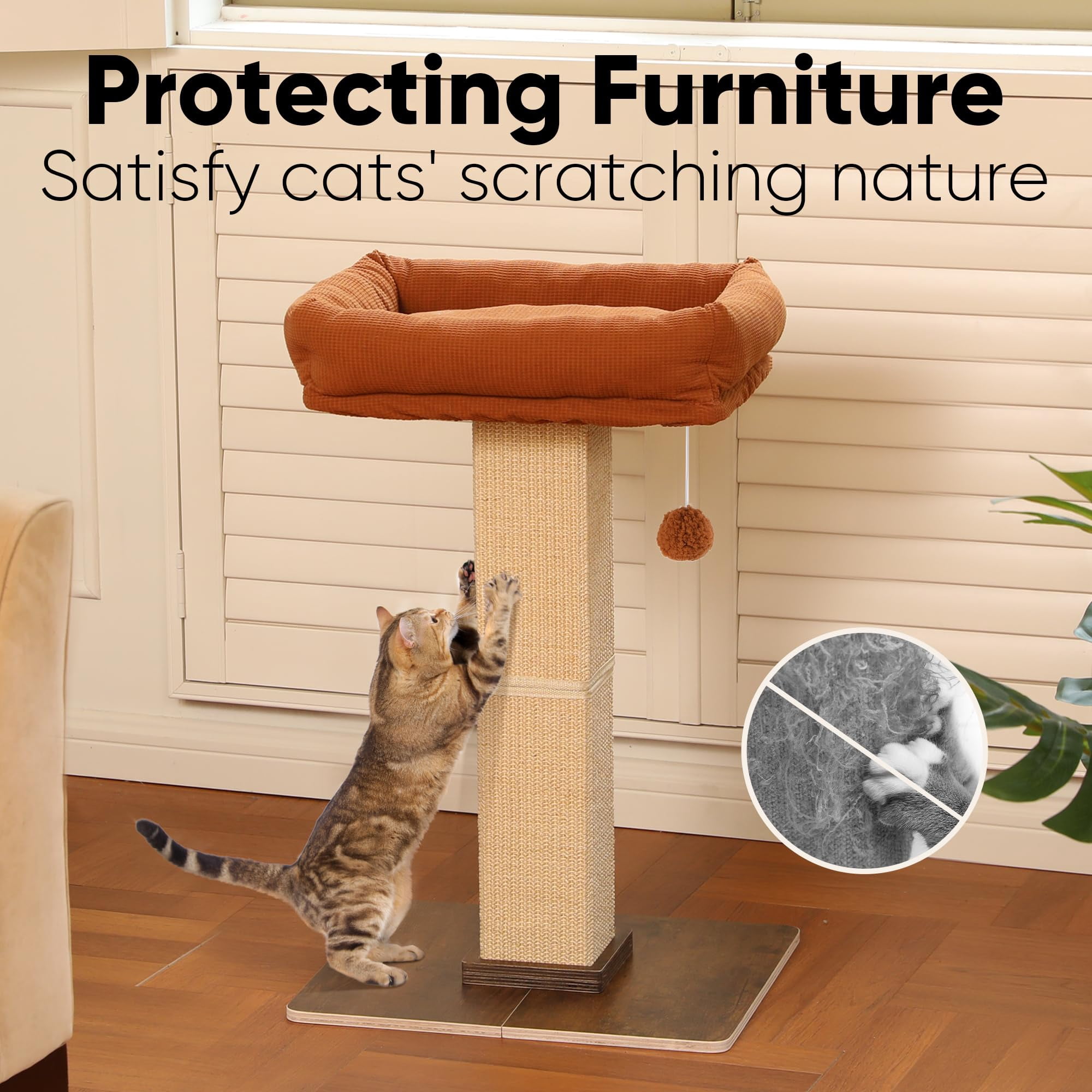 Brown Tall Cat Scratch Post Perch Tower, Sisal & Solid Wood, for Adult Cats