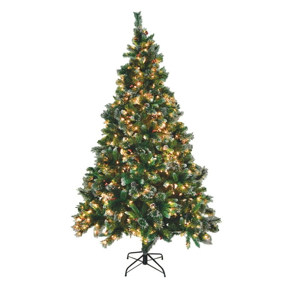 7.5 ft Pre-Lit Mixed Hinged Artificial Christmas Tree with Glitter Accents, Red Berries, Pine Cones, and 550 Clear LED Lights