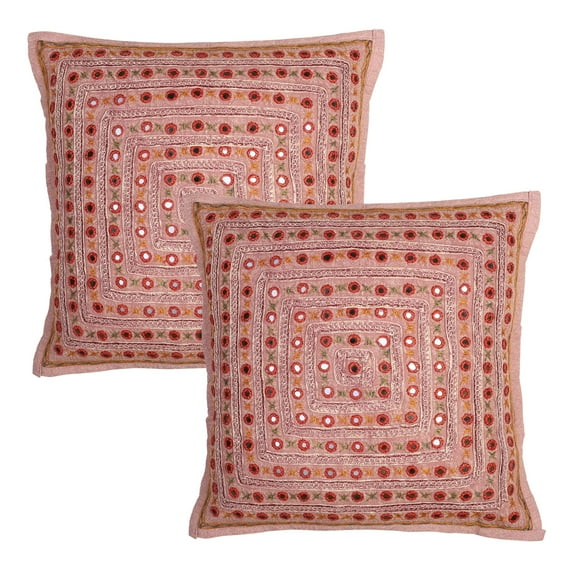 Stylo Culture Indian Sofa Throw Pillow Covers 16 x 16 Embroidered Mirror Lace Peach Bohemian 40x40 cm Lounge Decor Cotton Geometric Square Cushion Covers | Set Of 2