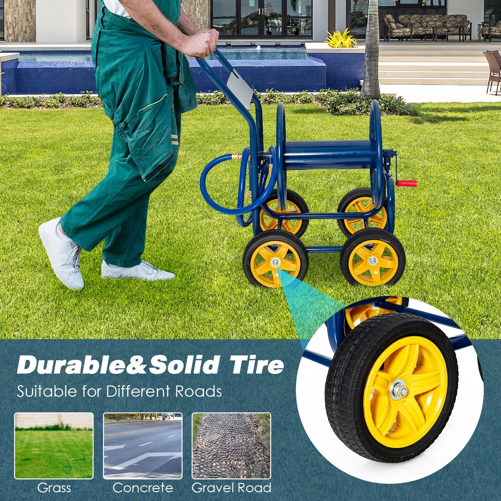 Topbuy 4-Wheel Garden Water Hose Reel Cart, Heavy Duty Wheel Water Planting Cart with Non-slip Crank Handle, Outdoor Slide Hose Guide System