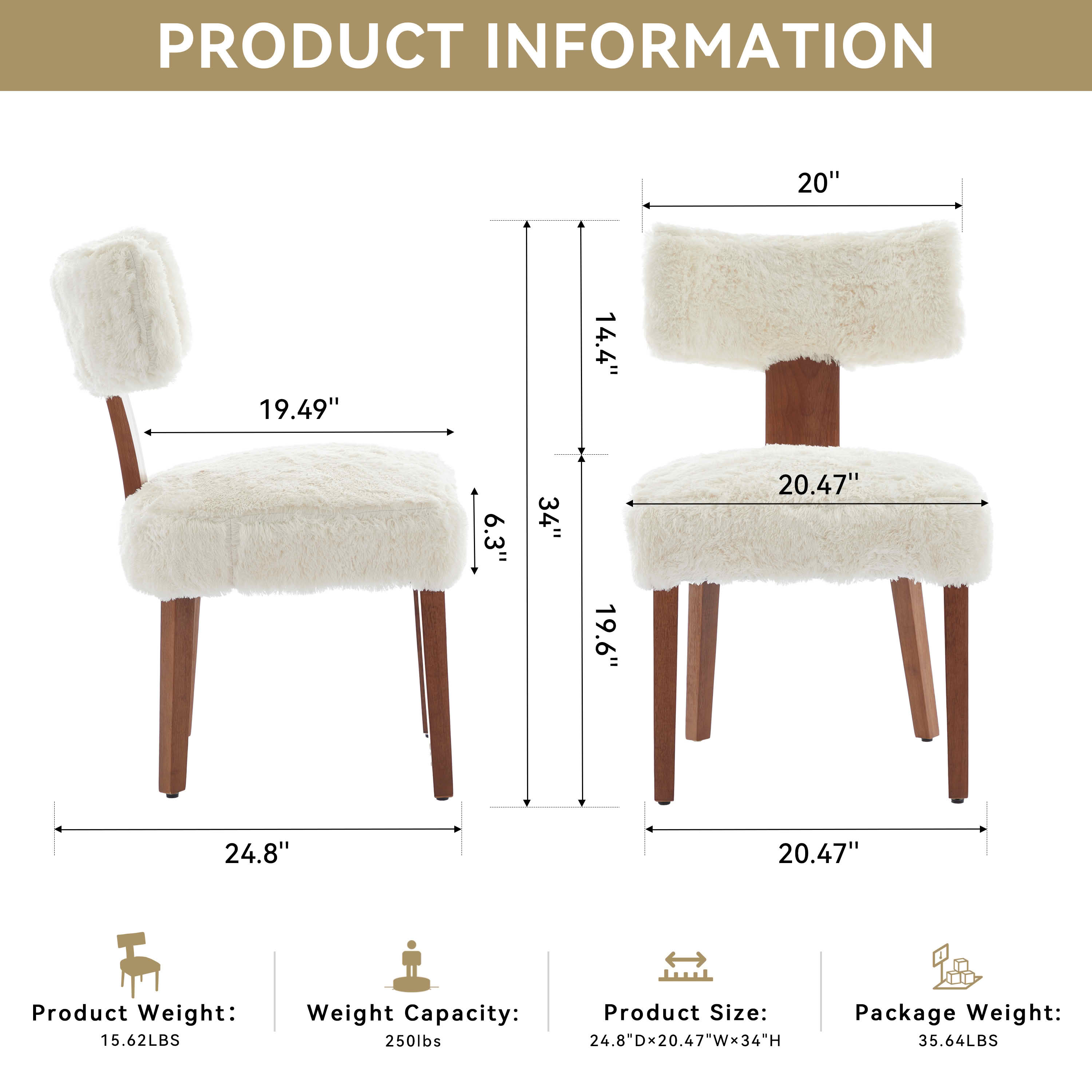 MAYEERTY Set of 2 Fur Fabric Modern Armless Dining Chairs, Curved Backrest & Solid Wooden Legs, for Dining Room & Living Room, Ivory