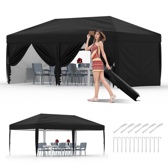 Luku 10x20 FT Heavy Duty Pop Up Canopy with 6 Sidewalls, Outdoor Event Tent with Roller Bag, Adjustable Height, Weight Bags, Stakes & Ropes – Instant Shelter for Parties, Markets, Camping