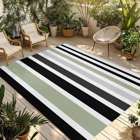 Fsddascl Sage Green Black Stripe Outdoor Rug for Patio/Deck/Porch, Non-Slip Large Area Rug 5 x 8 Ft, Modern Abstract Coarse Striped Indoor Outdoor Rugs Washable Area Rugs, Camping Rug Carpet
