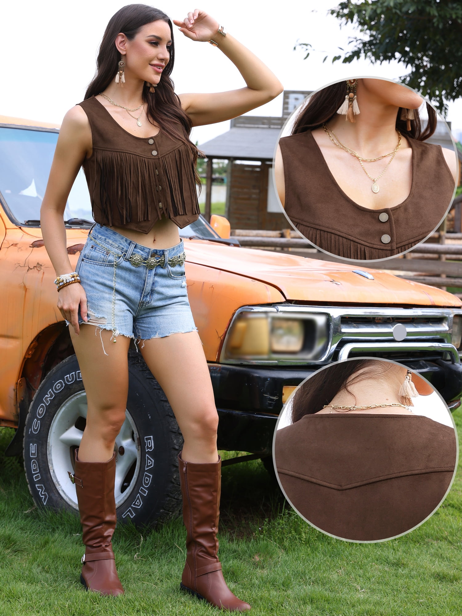 DARING DIVA Women's Fringe Vest Faux Suede Sleeveless Tassel Waistcoat XL Brown