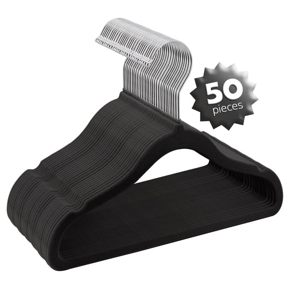 Elama Kids Basics 50 Pack Non-Slip Velvet Space Saving Notched Shoulder Clothes Hangers for Toddler, Baby & Kids Clothing with 360° Swivel Hooks, Slim Design in Black