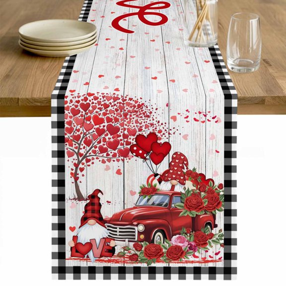 Red Valentine's Day Table Runner 70 Inches Long Farmhouse Dress Scarves, Roses Love Heart Romantic Gnomes Wooden Dining Tablerunner for Coffee Table/Kitchen Island/Party Décor, 13" x 70"